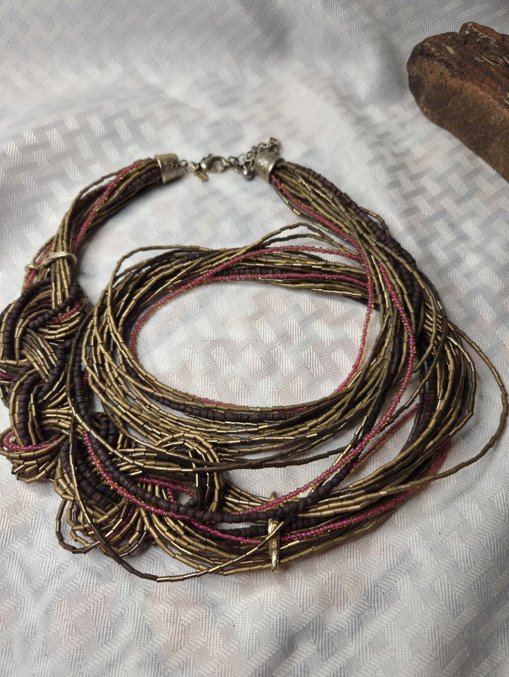 Chicos Earth Tones Beaded Multi Strand Hip Belt Glass Metalic Wood Beads Brown
